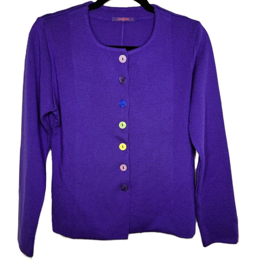 Italian Merino Wool Cardigan Sweater Womens Large Purple Buttons Sara Meghnagi